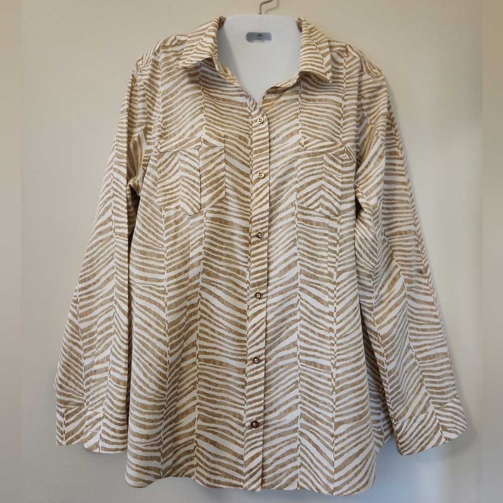 Chico's Tan and White Button Down Shirt With Long Sleeves
